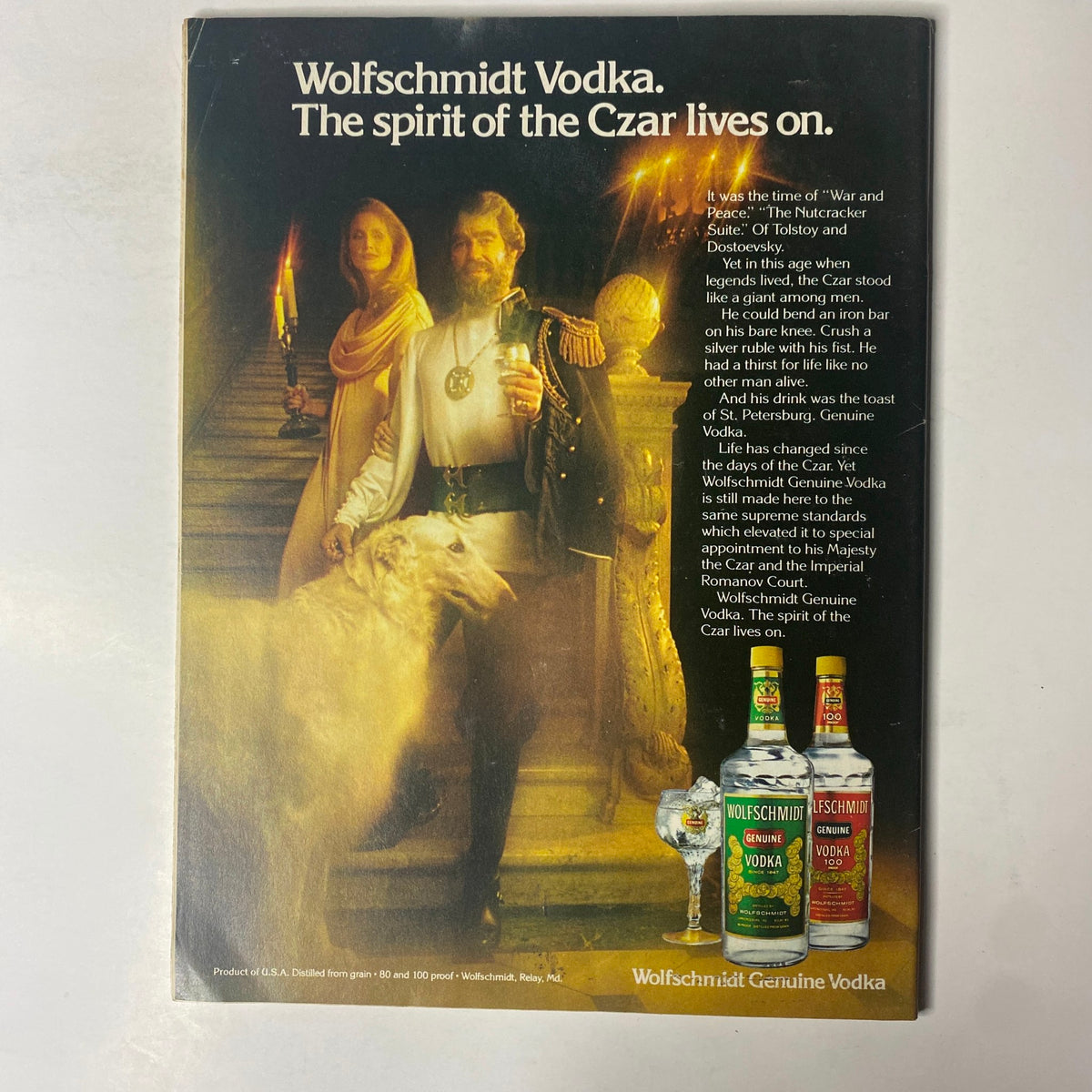 Advertisement for Wolfschmidt Vodka, showcasing historical imagery and branding text, from Forbes Magazine, August 6, 1979.