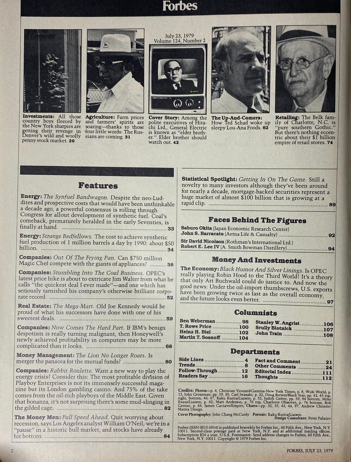 Table of contents from Forbes Magazine, July 23, 1979, listing features including the cover story on Hitachi and investment topics.