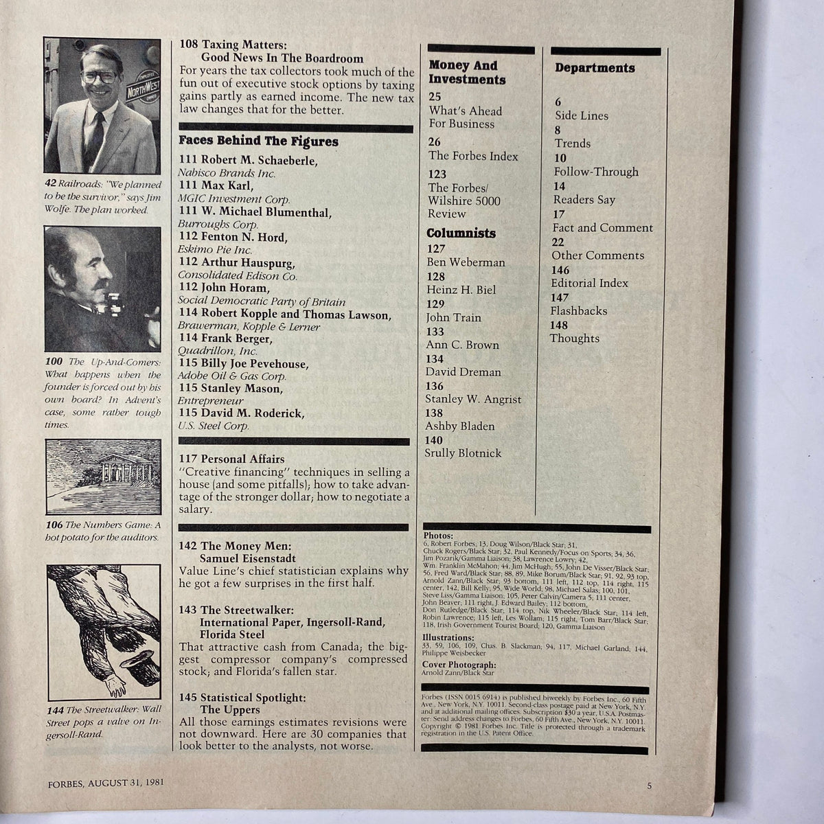 Interior page of Forbes Magazine August 31, 1981, displaying the table of contents and articles including corporate profiles and economic commentary.