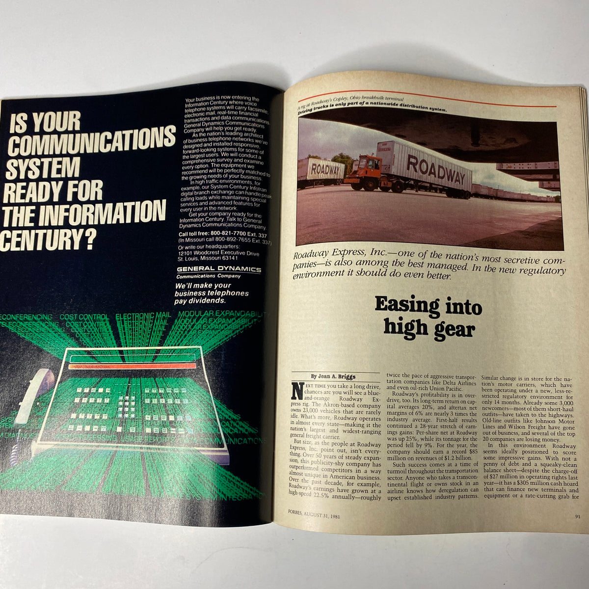 Feature article spread in Forbes Magazine August 31, 1981, discussing Roadway Express and its strategic positioning in the transportation industry.
