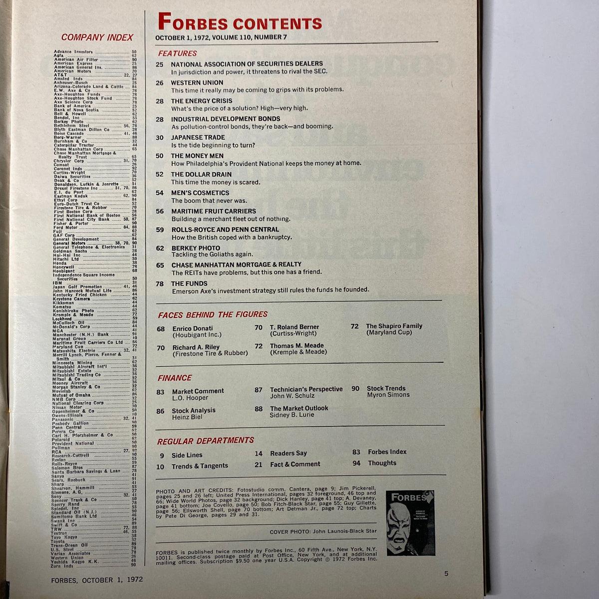Contents page of Forbes Magazine, October 1, 1972, listing features including 'Japanese Trade' and 'The Dollar Drain,' giving insight into the economic topics examined in this issue.