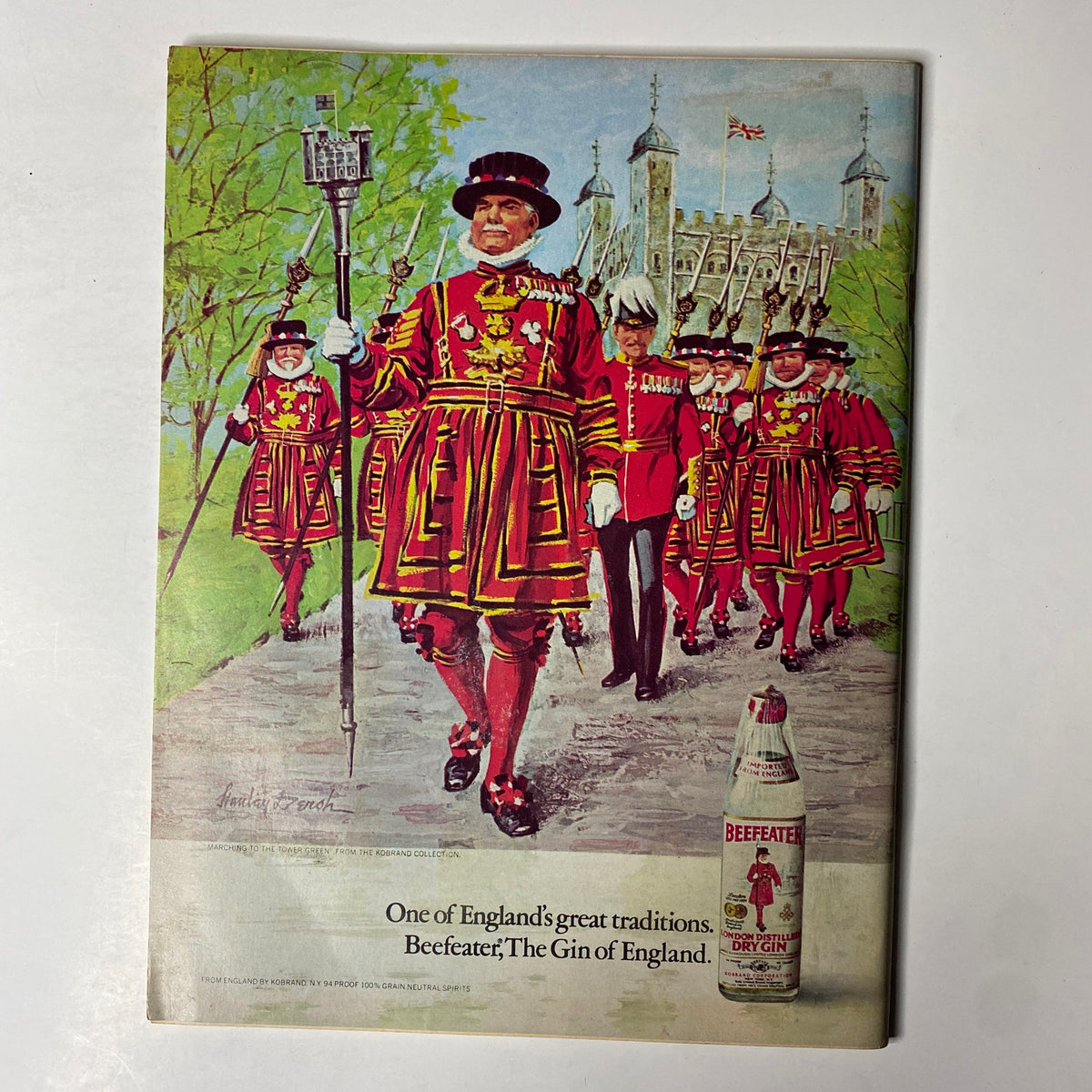 Advertisement in Forbes Magazine June 15, 1972, featuring Beefeater gin with traditional English guards, reflecting marketing trends and cultural themes of the period.