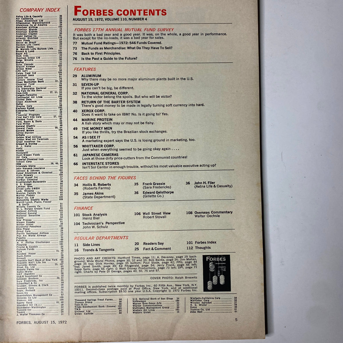 Contents page of Forbes Magazine, August 15, 1972, detailing articles including the 'Forbes 17th Annual Mutual Fund Survey' and various finance and corporate features.