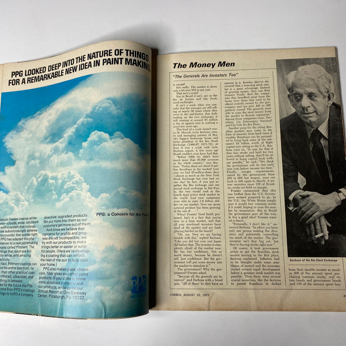 Interior page from Forbes Magazine August 15, 1972 featuring an article titled 'The Money Men', discussing investment strategies alongside an advertisement for PPG paint.