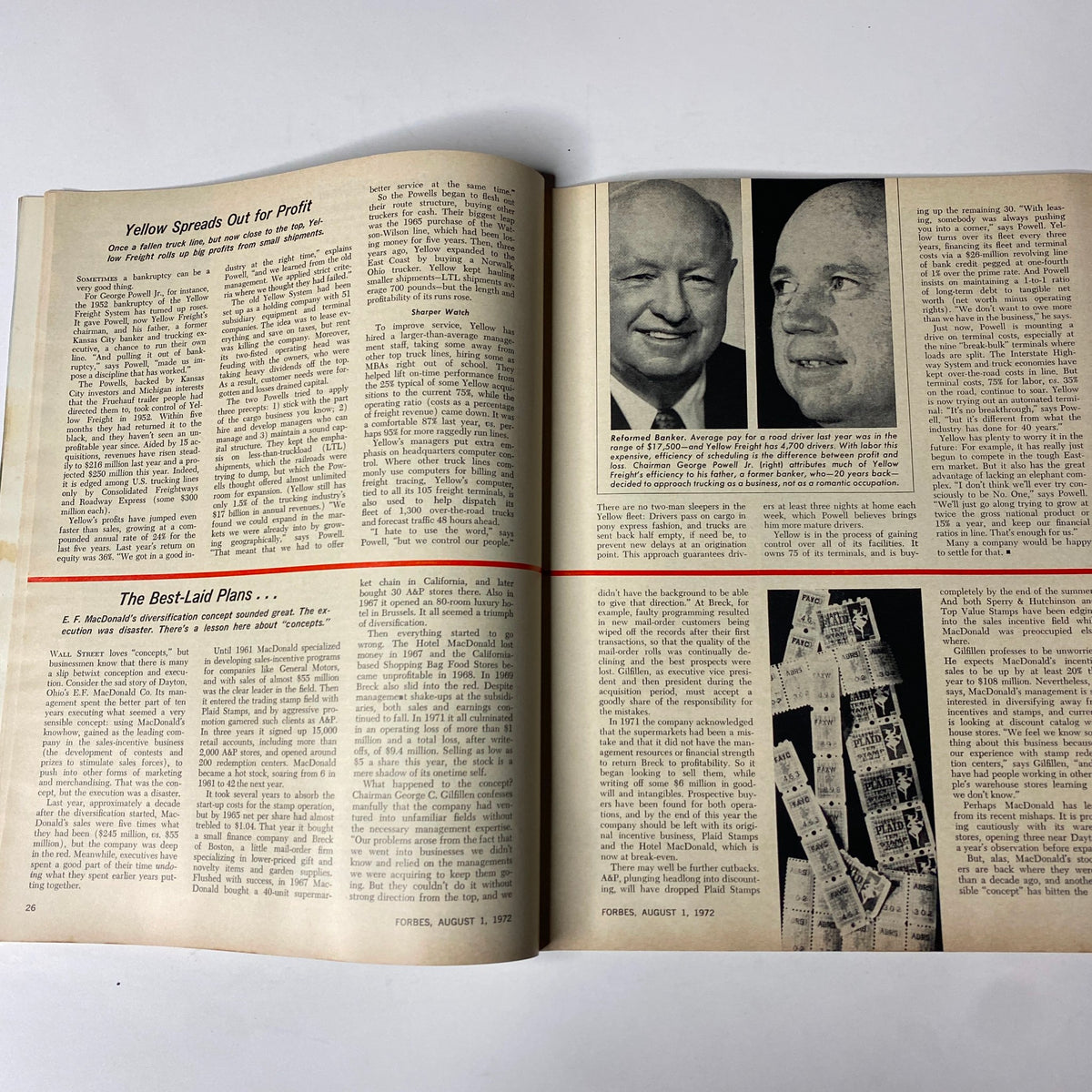 Interior page from Forbes Magazine dated August 1, 1972, featuring articles about business strategies and effects of multinational corporations on jobs, related to the cover story "Were These American Jobs Exported?".