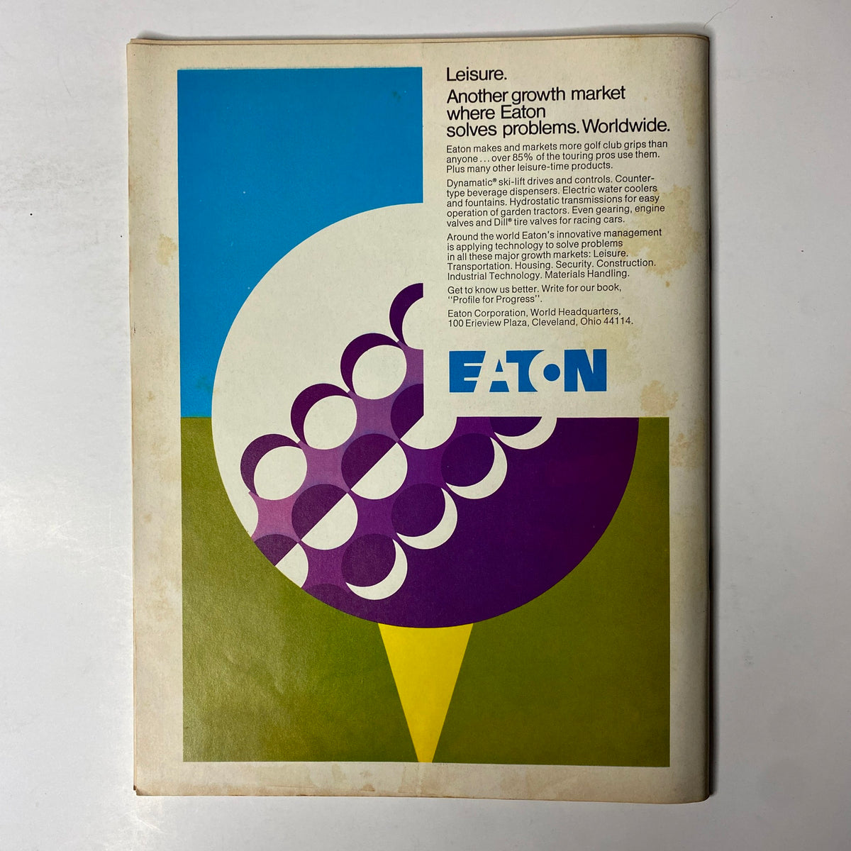 Back cover of Forbes Magazine August 1, 1972, highlighting Eaton Corporation's advertisement with a colorful graphic design, emphasizing their solutions in the leisure market.