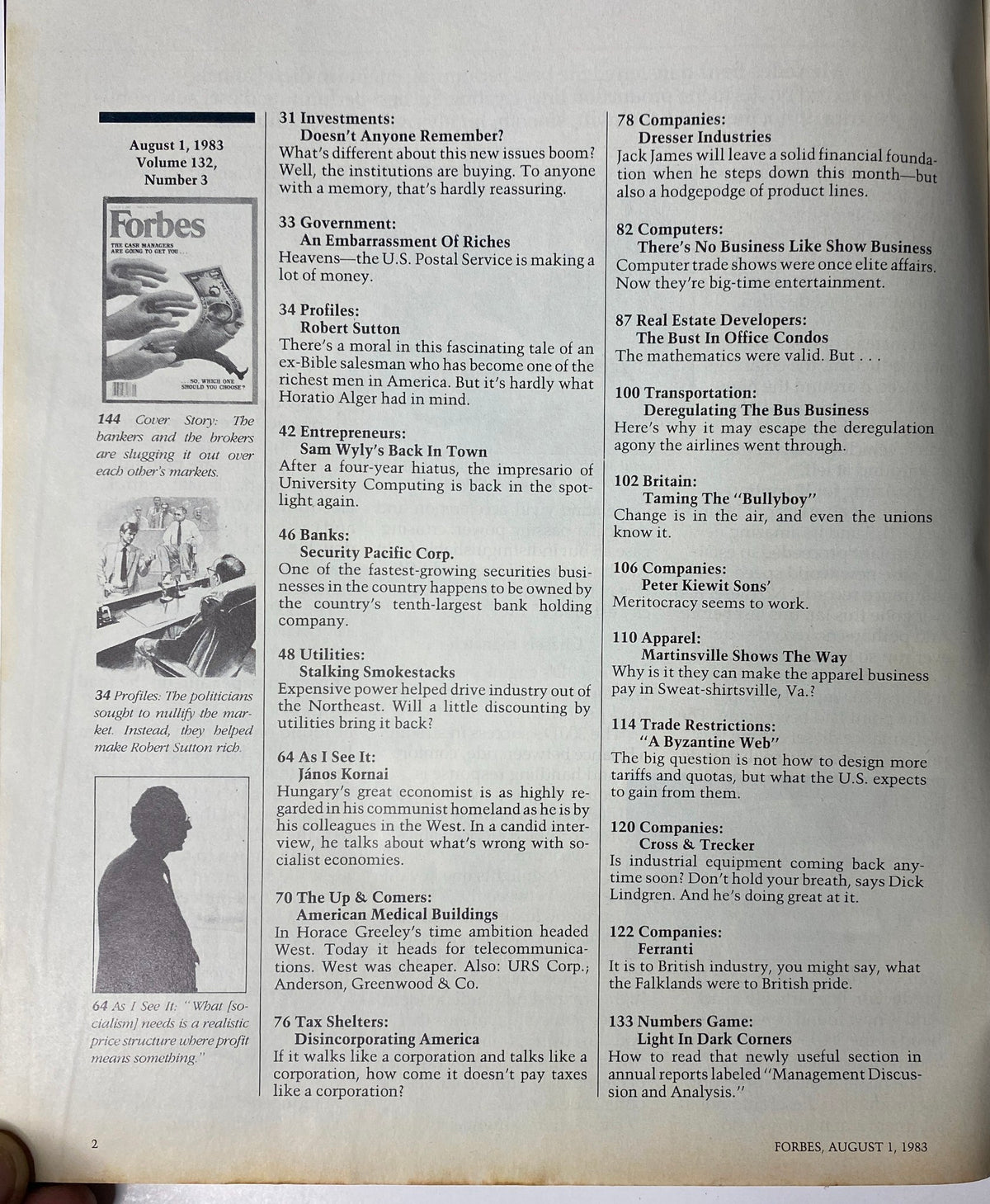 Table of contents from Forbes Magazine August 1, 1983 outlining articles on finance, investments, and featured profiles related to the cash management industry.