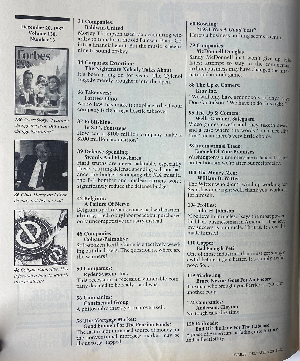 Forbes Magazine December 20, 1982 table of contents page detailing articles including 'Corporate Extortion' and 'Defense Spending' from volume 130, number 13.