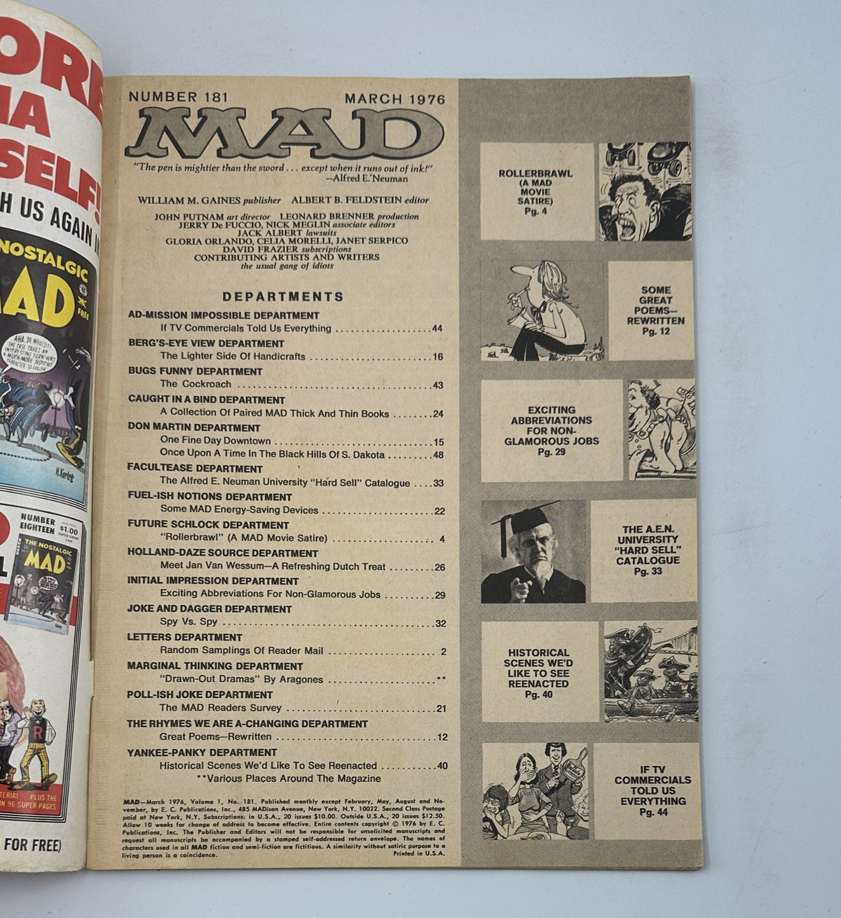 Table of contents for MAD Magazine No. 181 March 1976, outlining various departments and articles including 'Rollerbrawl' and 'Spy Vs. Spy'.
