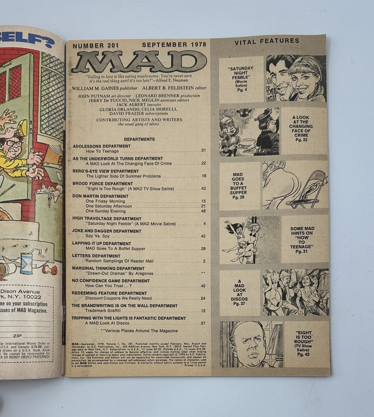 Table of contents page from MAD Magazine No. 201, September 1978, outlining various departments and features including the satire titled 'Saturday Night Feeble'.
