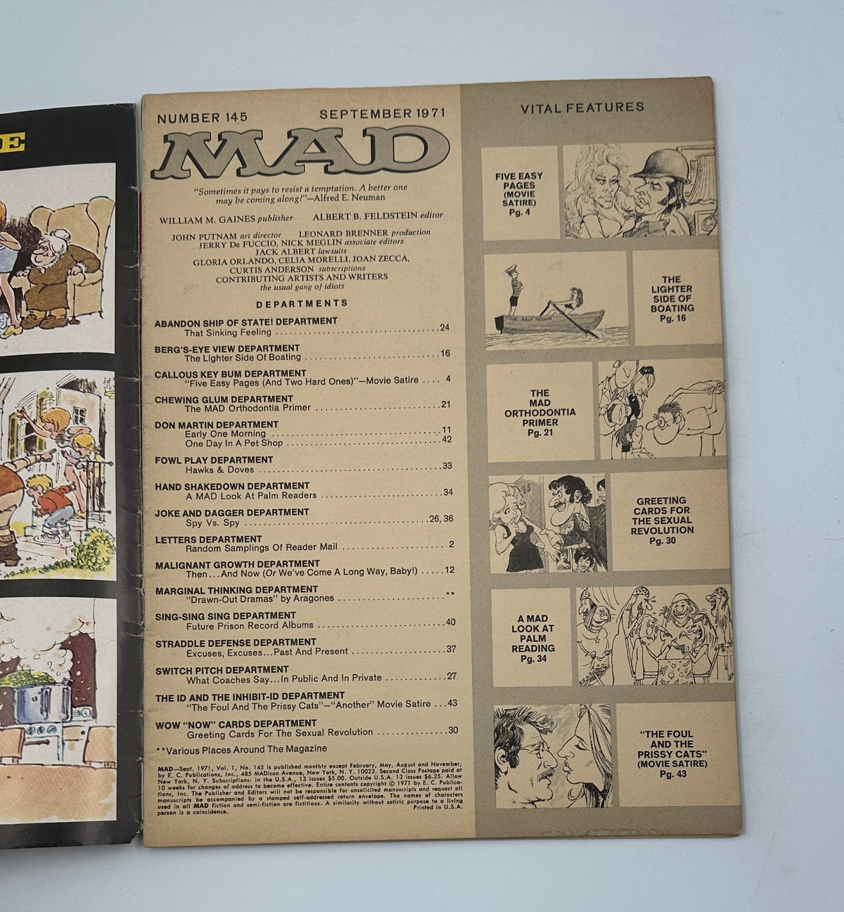 Inside page of MAD Magazine No. 145 from September 1971 displaying the table of contents, highlighting various departments including 'Five Easy Pieces Movie Satire'.