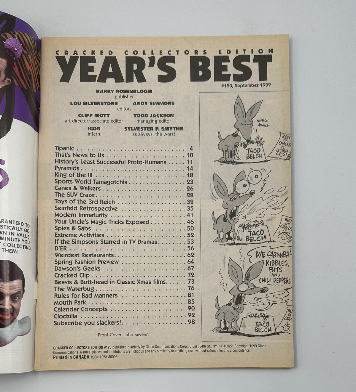 Inside page of Cracked Collectors Edition No. 120 September 1999, showing the Table of Contents, including articles like 'Tipanic' and 'Seinfeld's Least Successful Proto-Humans'.
