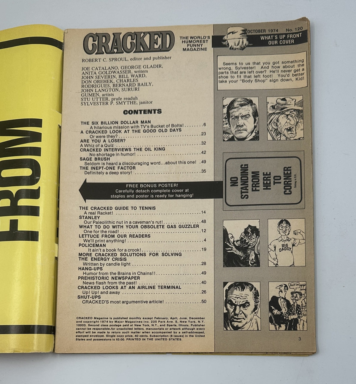Inside page of Cracked Magazine No. 120 showcasing the Table of Contents, highlighting various comedic articles including the Six Billion Dollar Man parody.