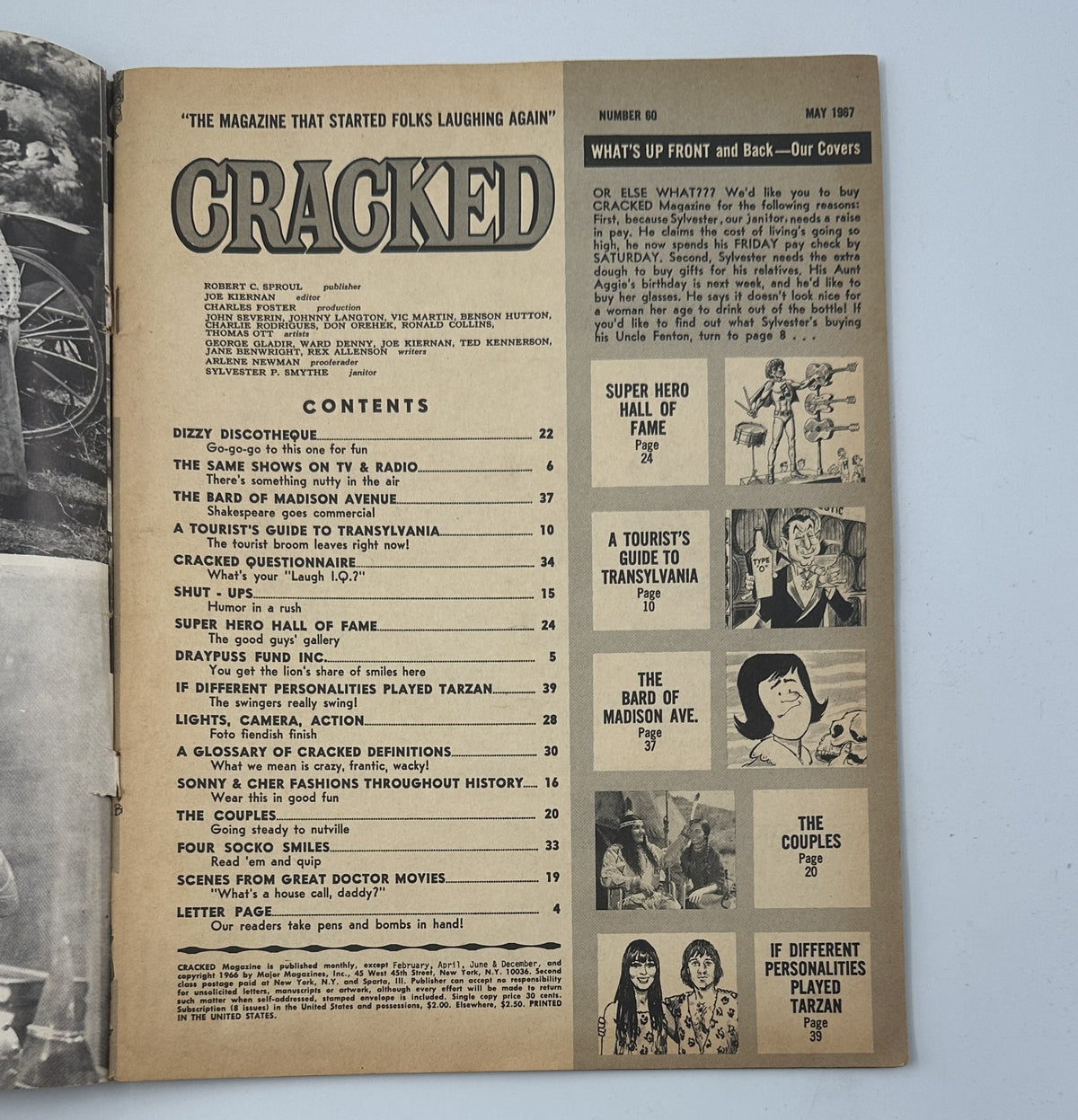 Inside page of Cracked Magazine No. 60 May 1967 displaying the Table of Contents including titles like 'Dizzy Discotheque' and 'Super Hero Hall of Fame,' highlighting the magazine's comedic content.