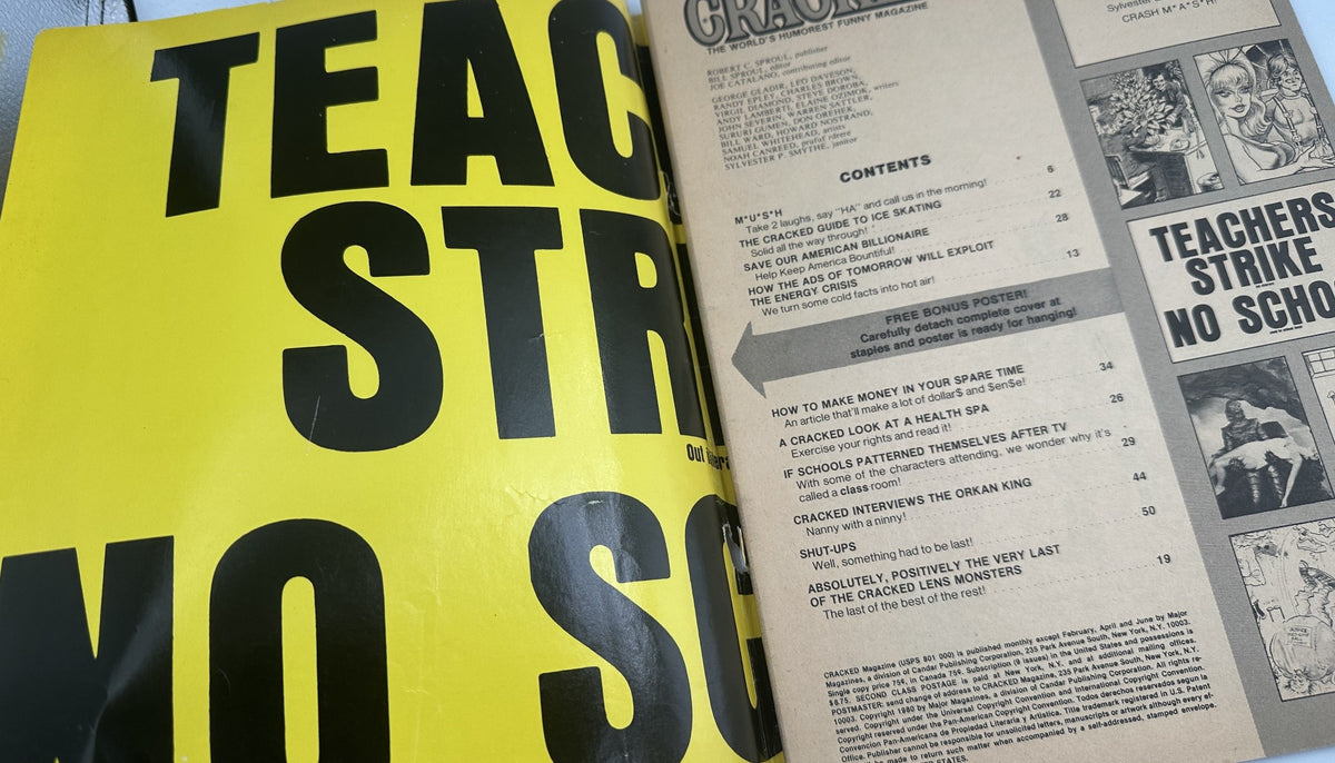 Another view of the inside page of Cracked Magazine No. 168 highlighting the table of contents with bold titles and humorous sections.