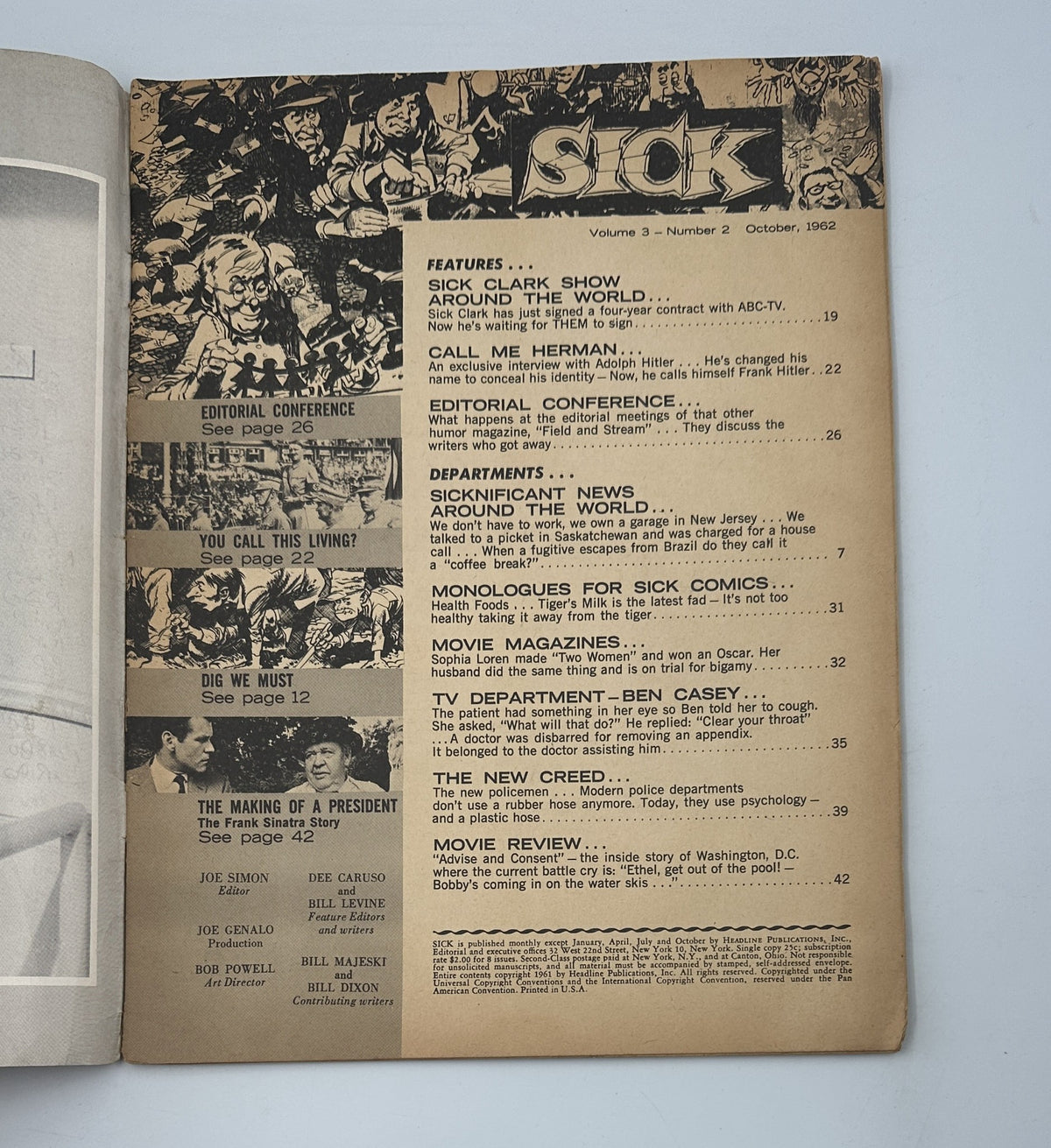 Table of contents page for Sick Magazine Vol. 3 No. 2 October 1962, listing features and articles including profiles and humorous sections.