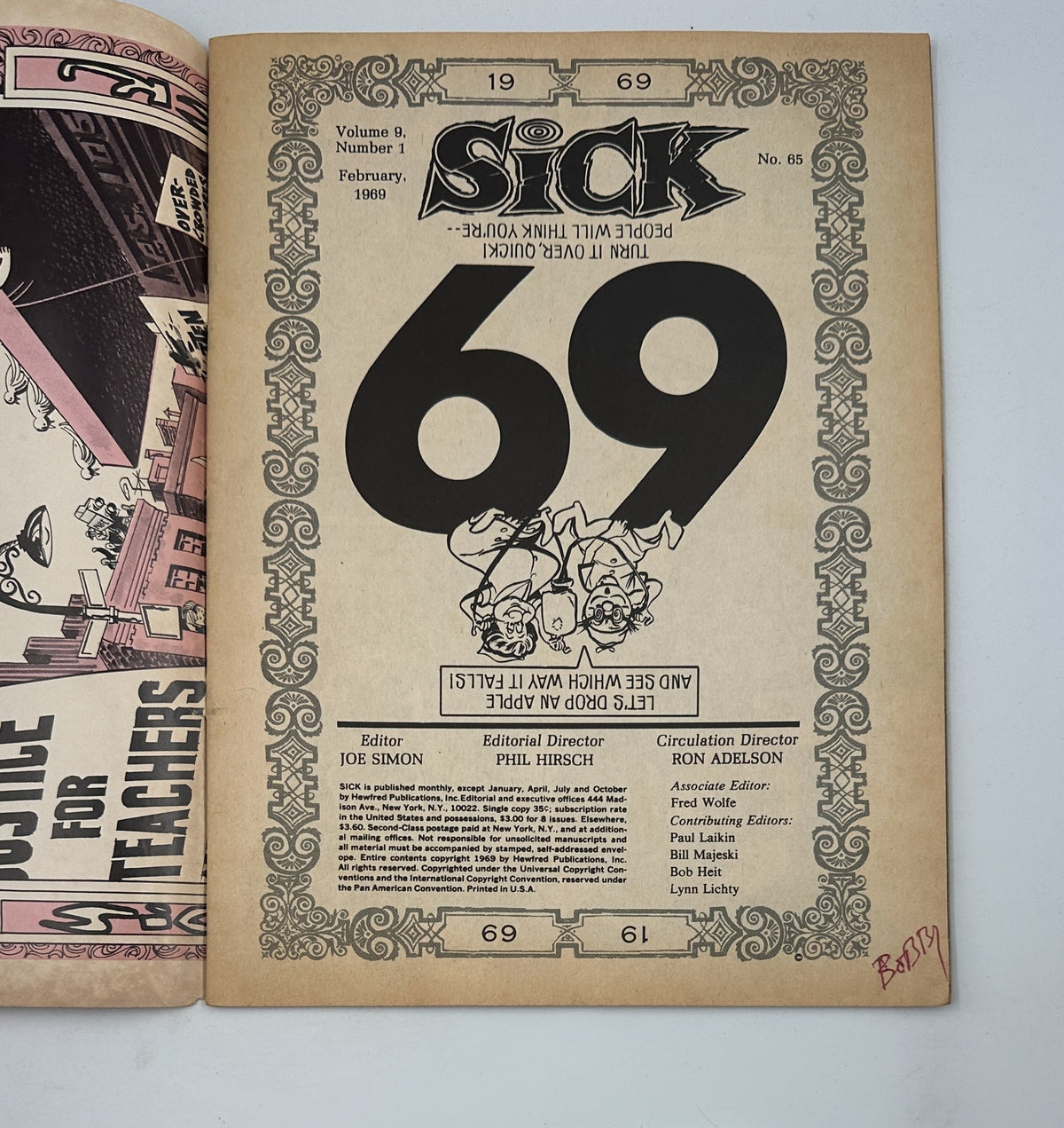 Inside page of Sick Magazine No. 65, February 1969 showing the magazine's editorial details and a large '69' graphic.