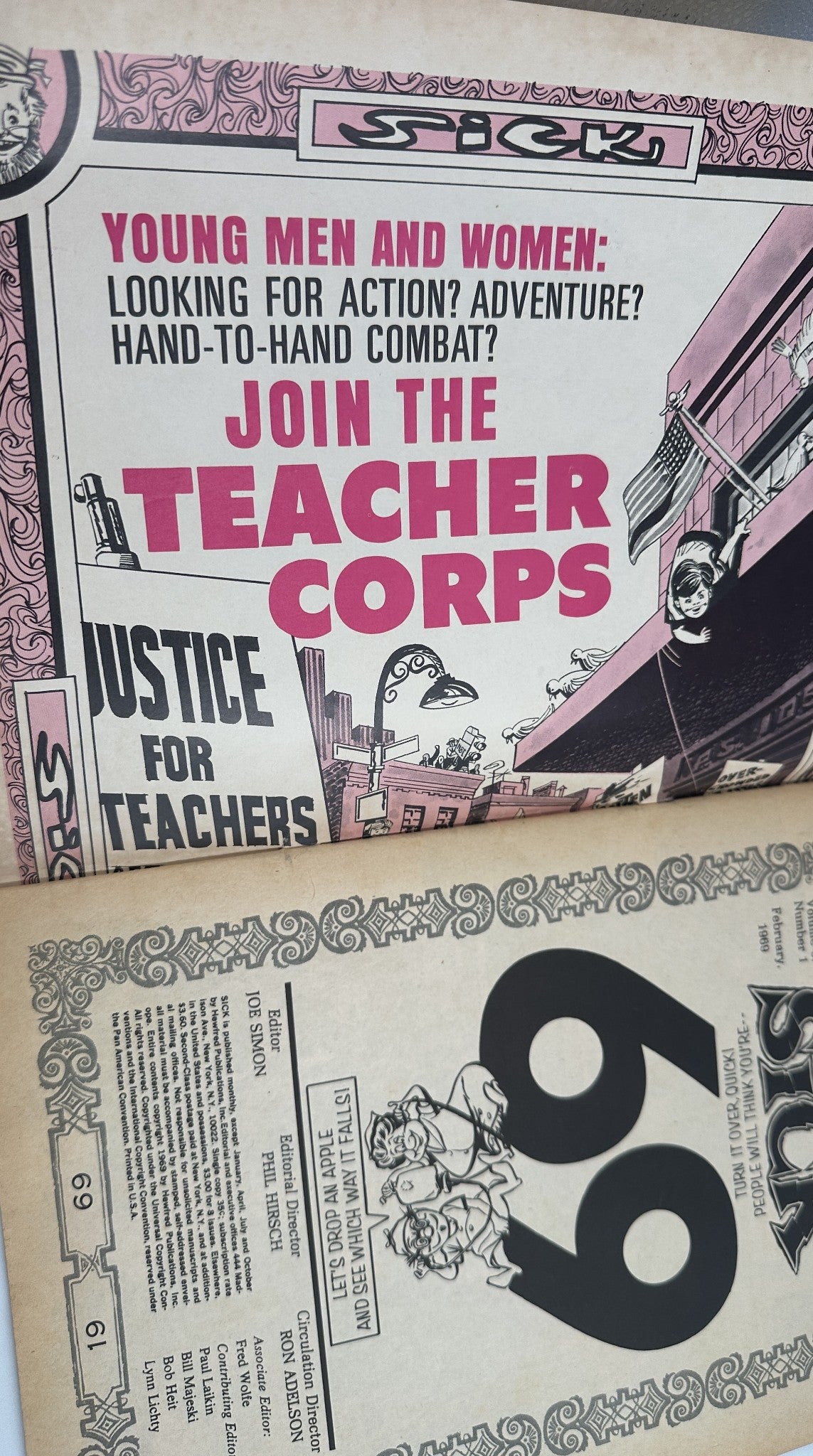 Promotional page from Sick Magazine No. 65, February 1969 advertising the Teacher Corps with eye-catching graphics.