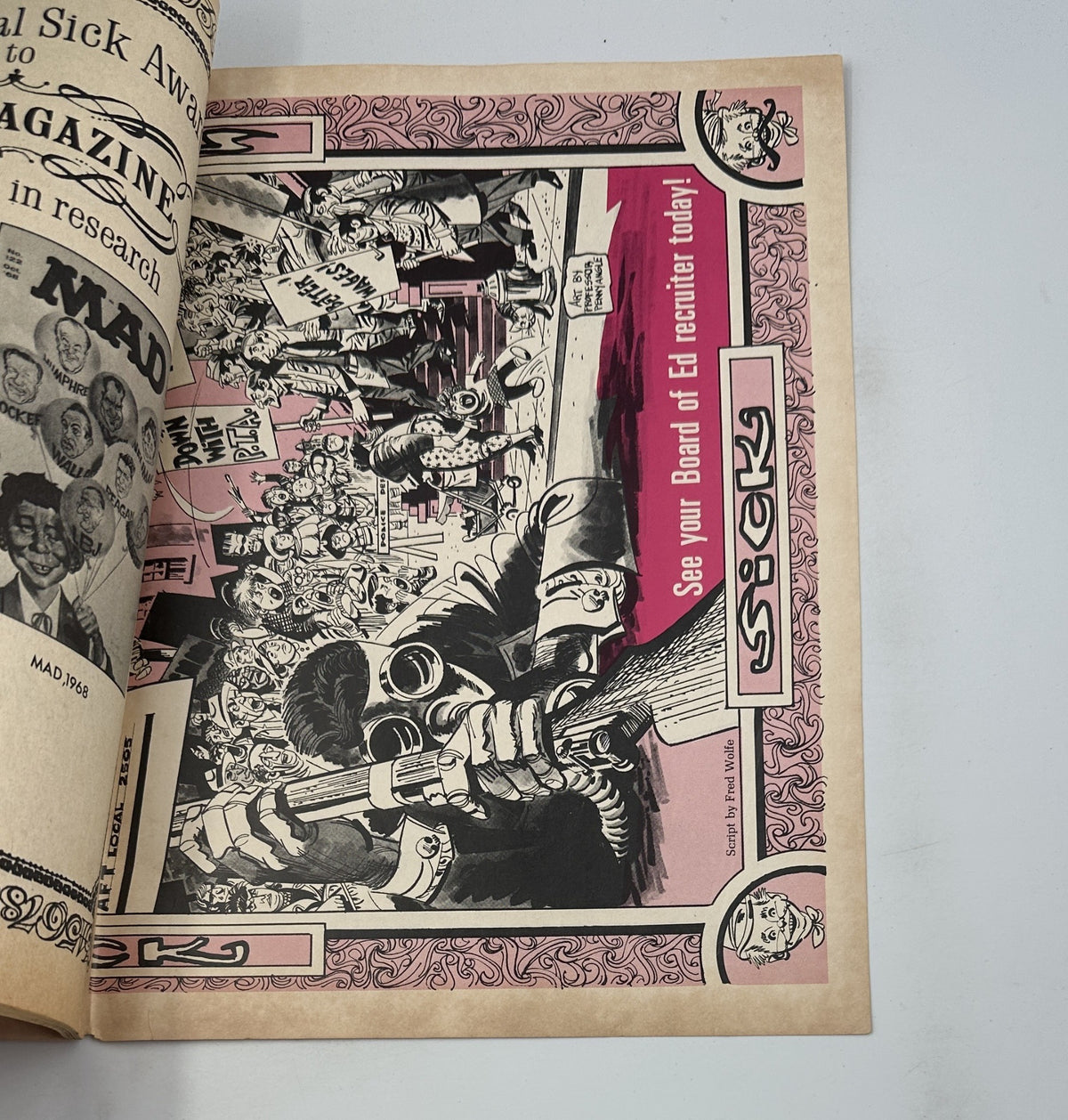 Ad page from Sick Magazine No. 65, February 1969 showcasing a humorous scene from a fictional story with comic-style illustrations.