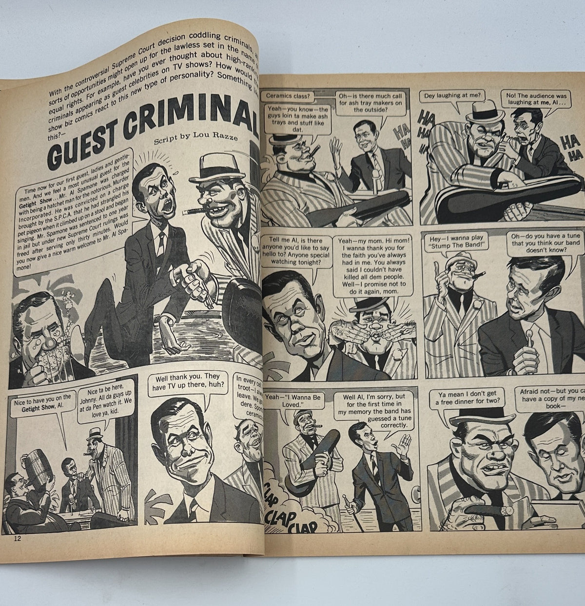 Illustration from Sick Magazine No. 65 February 1969 featuring a satirical comic strip titled 'Guest Criminal' by Lou Rizzo, showcasing humorous dialogue between characters referencing pop culture figures.