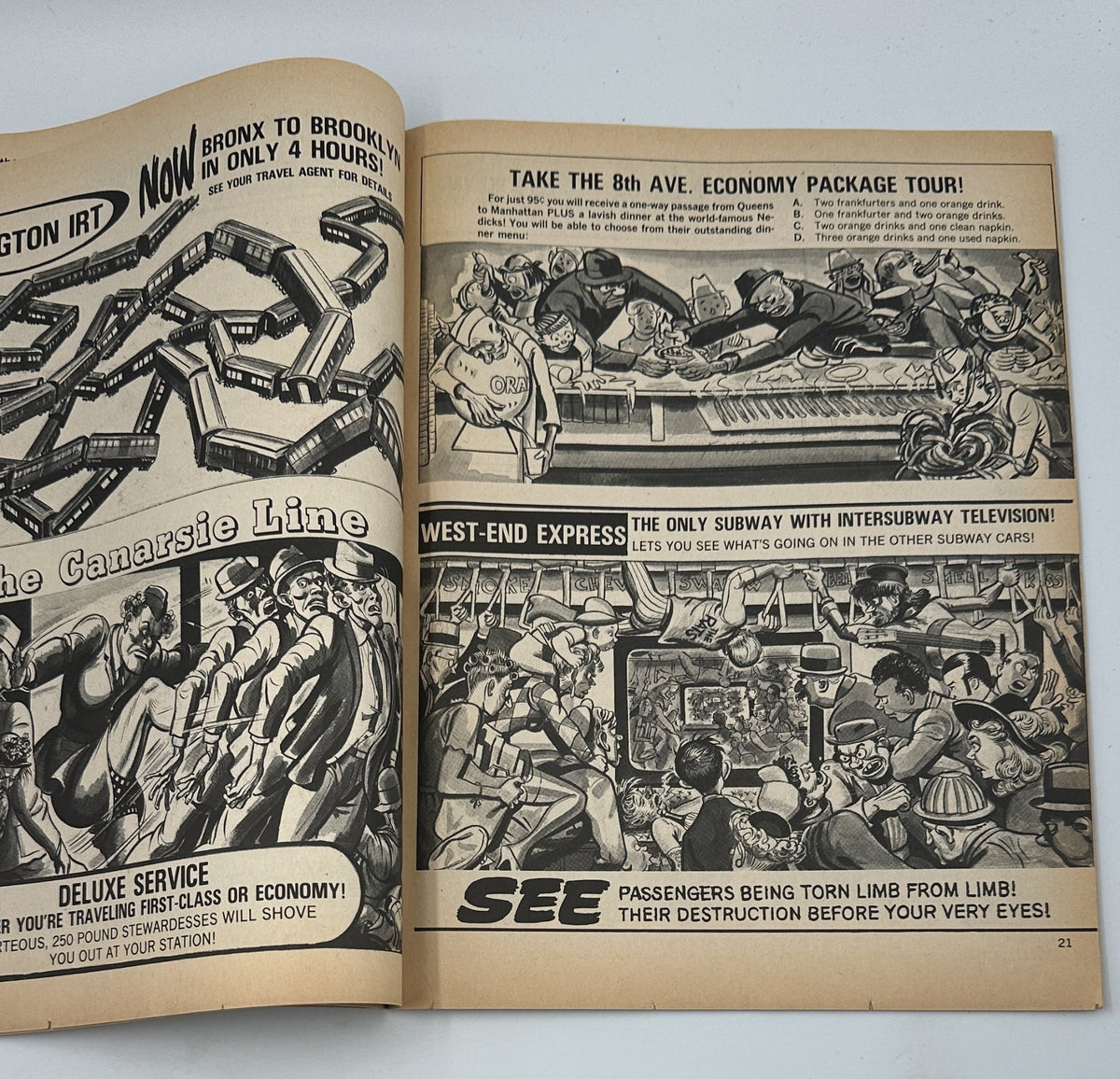 Page from Sick Magazine No. 65 February 1969 highlighting a comedic advertisement for the '8th Ave. Economy Package Tour' featuring exaggerated cartoonish scenes of subway chaos and humor.