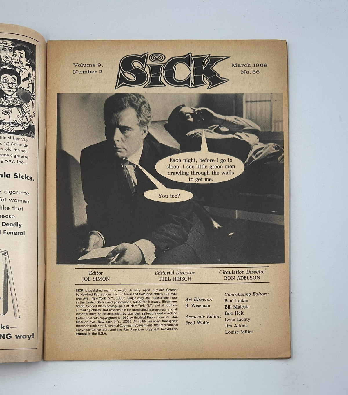 Interior page of Sick Magazine No. 66, March 1969, showcasing the editorial team with Joe Simon as editor, featuring humorous dialogue about a cigarette ad. This iconic magazine is known for its irreverent comic style and pop-culture parodies.