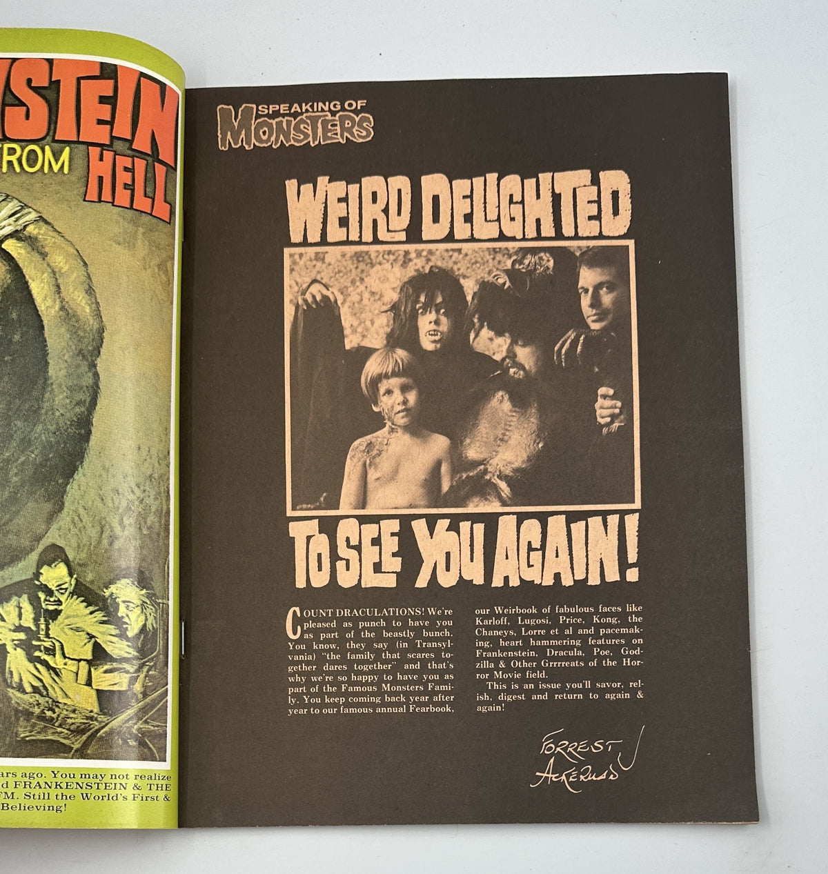 Inside page of Famous Monsters of Filmland No. 110 discussing 'Weird Delighted to See You Again,' featuring a welcome note from the editor, reflecting the magazine's unique approach to horror culture.
