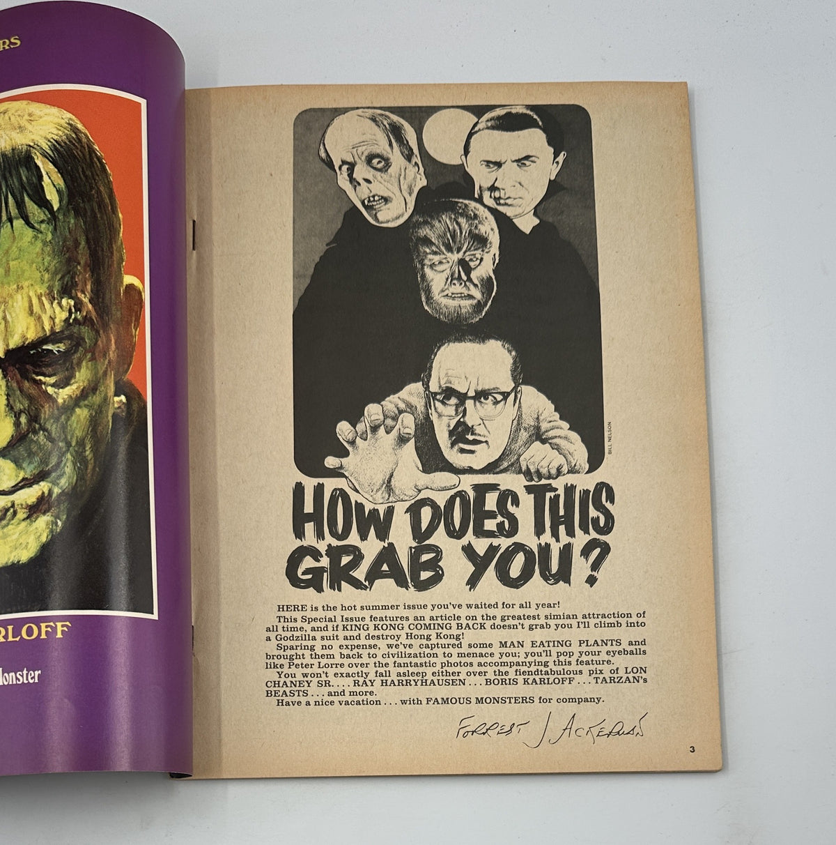 Interior page from Famous Monsters of Filmland No. 93, October 1972, showcasing promotional content with monsters and a quote by Forrest J Ackerman.