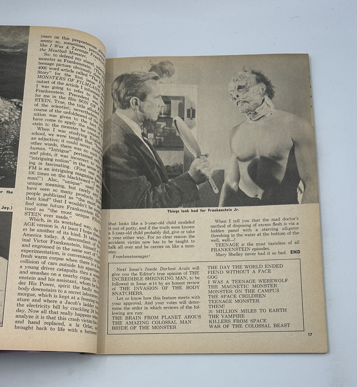 Scene depicting a character resembling Frankenstein's monster from Famous Monsters of Filmland No. 93 October 1972, showcasing classic horror themes.