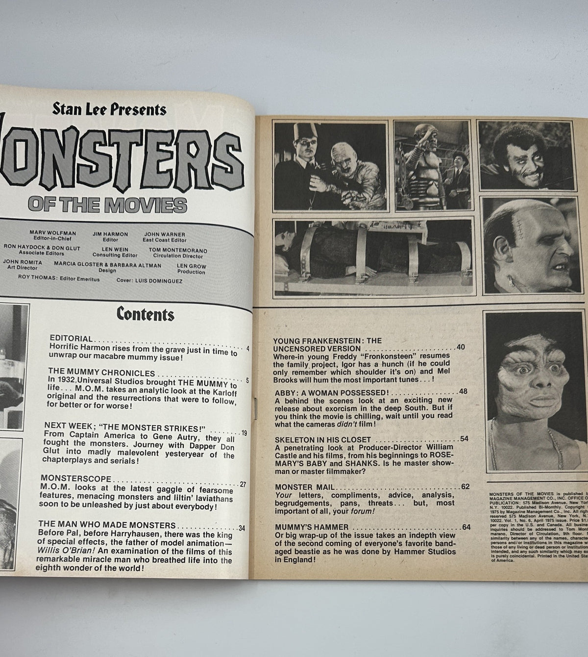Inside spread of 'Monsters of the Movies No. 6' featuring editorial content and a unique table of contents layout discussing horror films and notable figures in the genre.