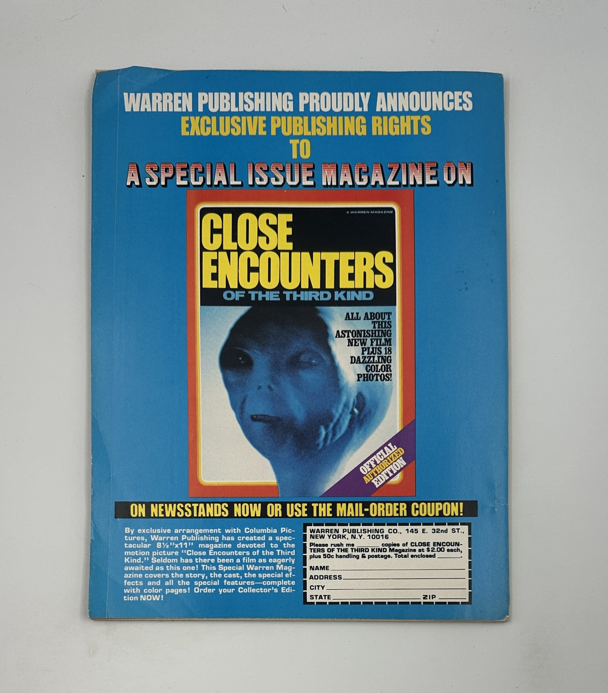 Back cover of Famous Monsters of Filmland No. 143, May 1978, announcing a special issue on Close Encounters of the Third Kind with promotional details.