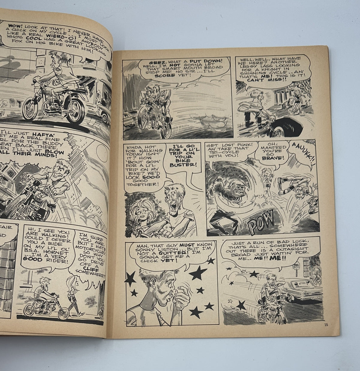 Comic strip from Cycletoons Magazine No. 8 April 1969 with engaging dialogue and action scenes, highlighting the fun and excitement of mini biking culture.