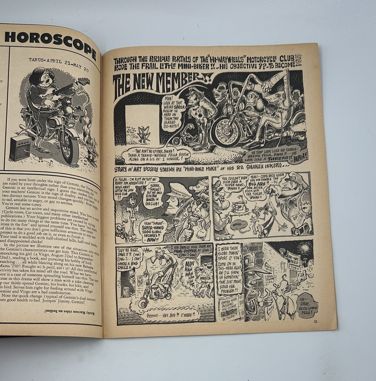Illustrated story page from Cycletoons Magazine No. 8 April 1969 titled 'The New Member,' featuring comedic motorcycle adventures and characters.