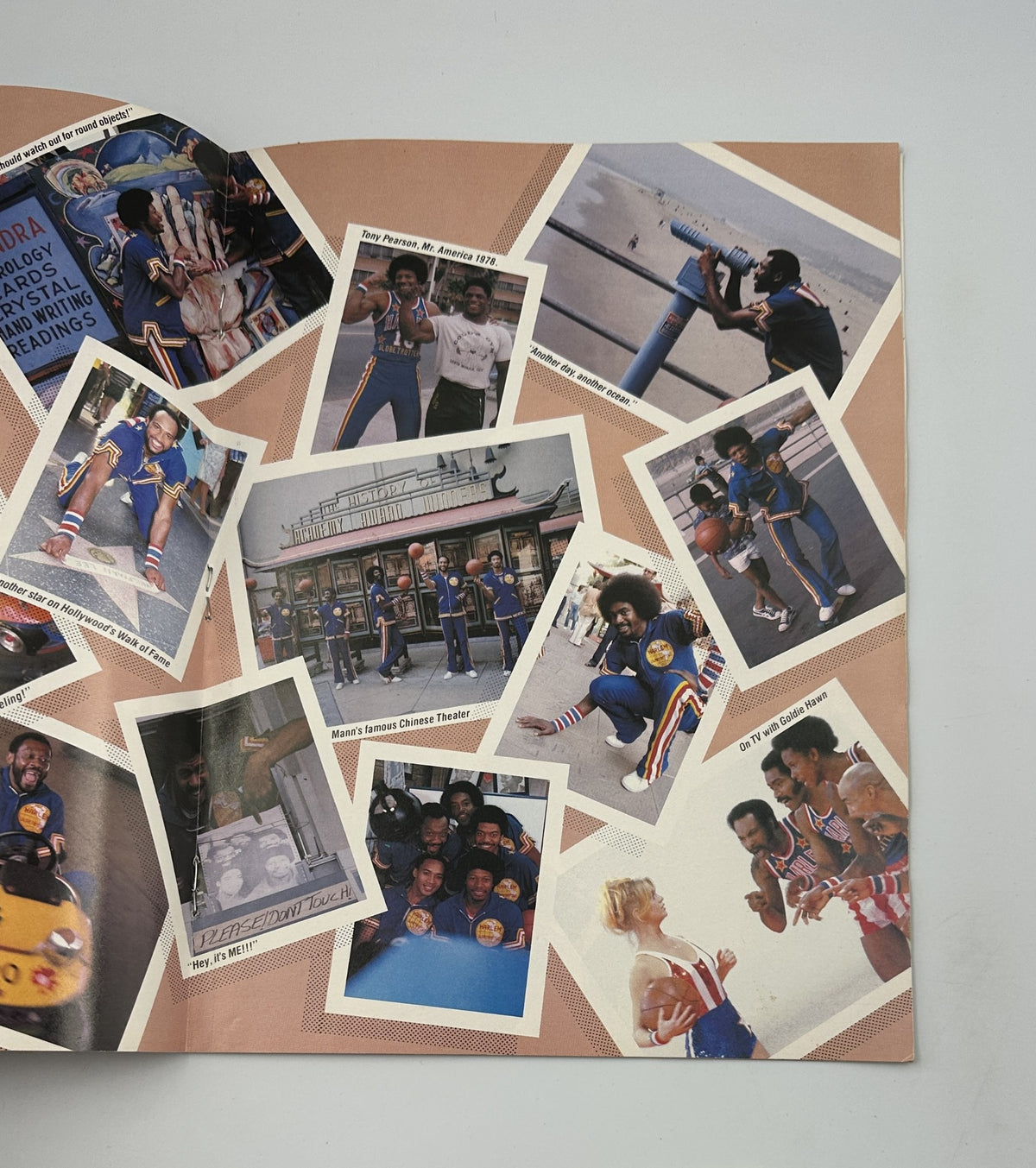 Collage of action photos in Harlem Globetrotters Magazine On Tour capturing the excitement of the team, featuring players interacting and showcasing their basketball skills.