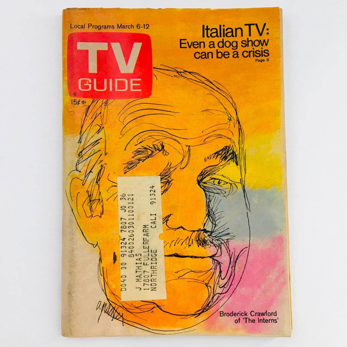 Cover of TV Guide March 6, 1971, Vol 19 #20 featuring an artistic illustration of Broderick Crawford, highlighting his connection to classic television. This issue provides insights into the television landscape of the early 1970s.
