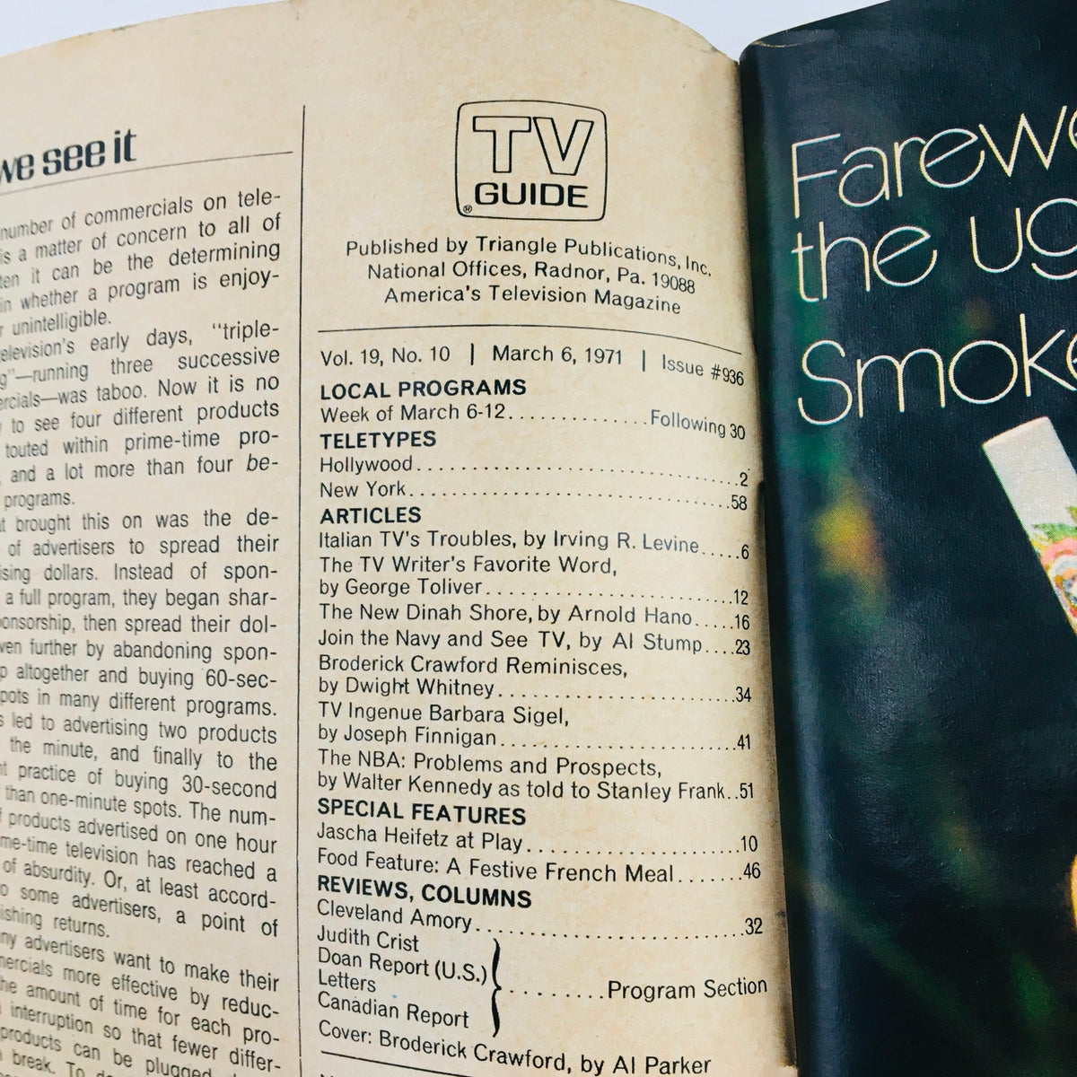 Inside page of TV Guide March 6, 1971, Vol 19 #20 showcasing the table of contents and various articles, including notable features about Broderick Crawford and Italian TV, reflecting the magazine's historical significance.