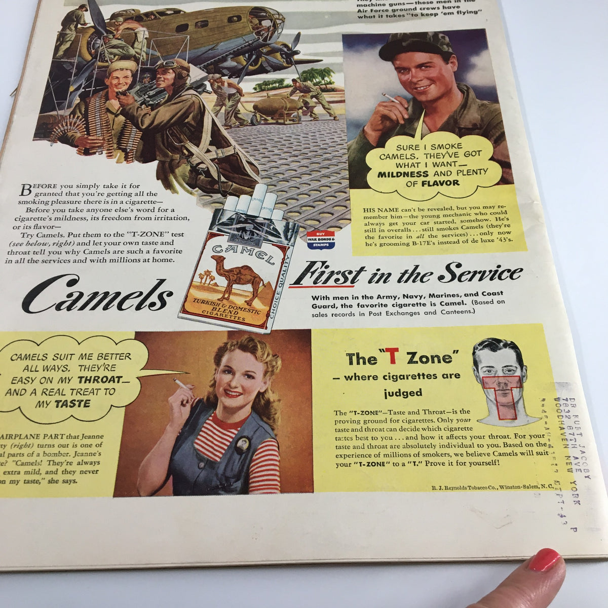 Vintage advertisement from the May 31, 1943 issue of VTG Life Magazine featuring Camel cigarettes, highlighting their popular appeal among military personnel during World War II. The ad showcases soldiers and a woman promoting the cigarettes, embodying the era's cultural context.