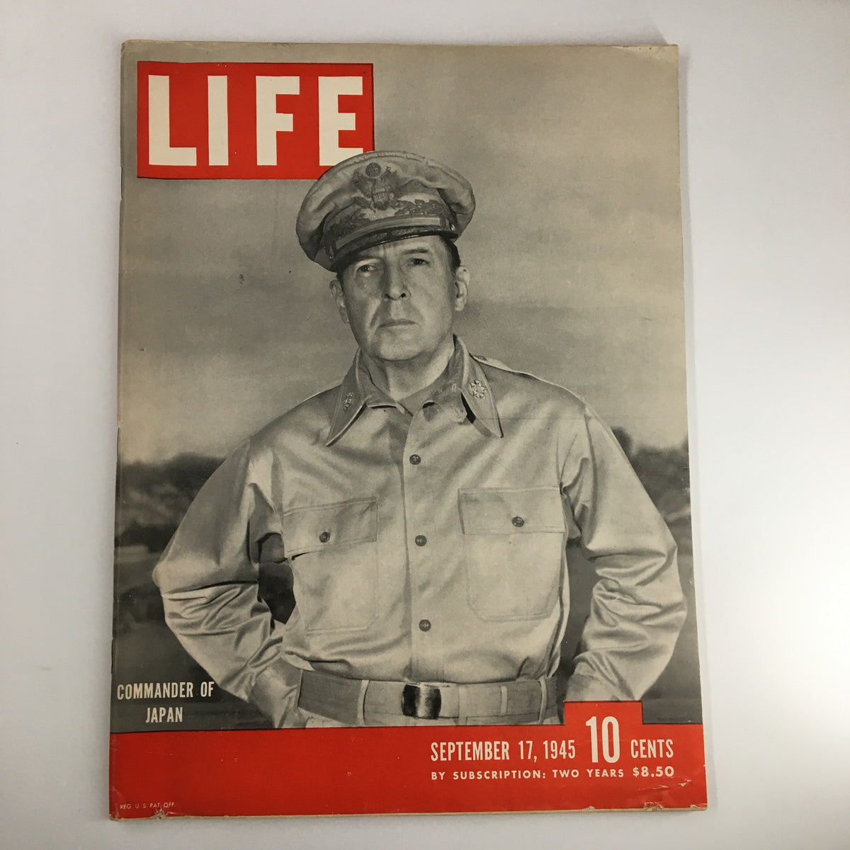 Vintage Life Magazine cover from September 17, 1945 featuring General Douglas MacArthur, Commander of Japan, highlighting post-World War II history.