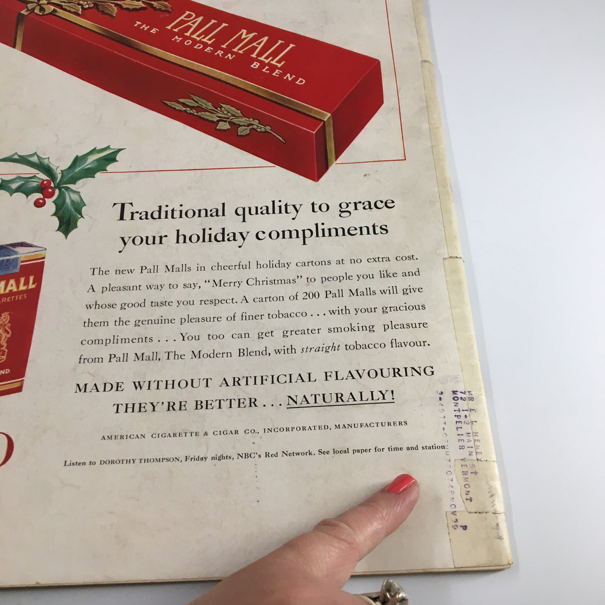 Back cover advertisement from VTG Life Magazine December 20, 1937 featuring Pall Mall cigarettes promoting holiday greetings.