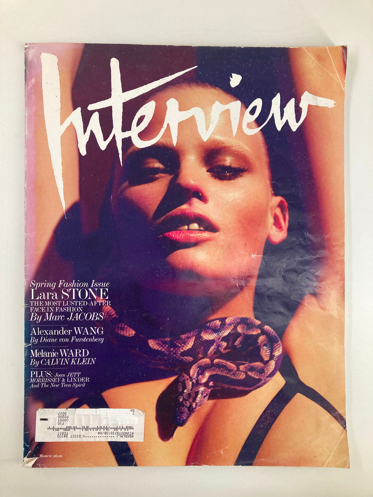 Cover of Interview Magazine March 2010 featuring model Lara Stone with a scarf and an artistic pose. The magazine highlights Alexander Wang and Melanie Ward.