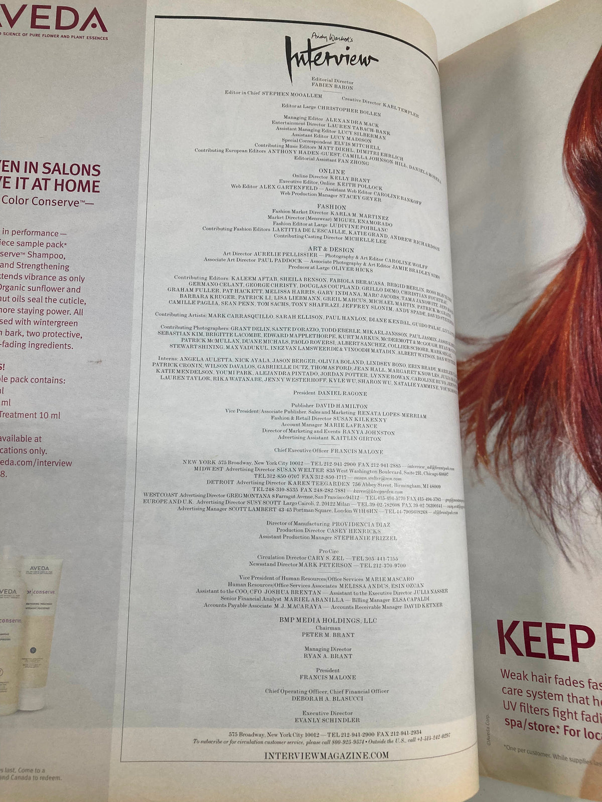 Interior page of Interview Magazine March 2010 featuring details about the publication and production staff.