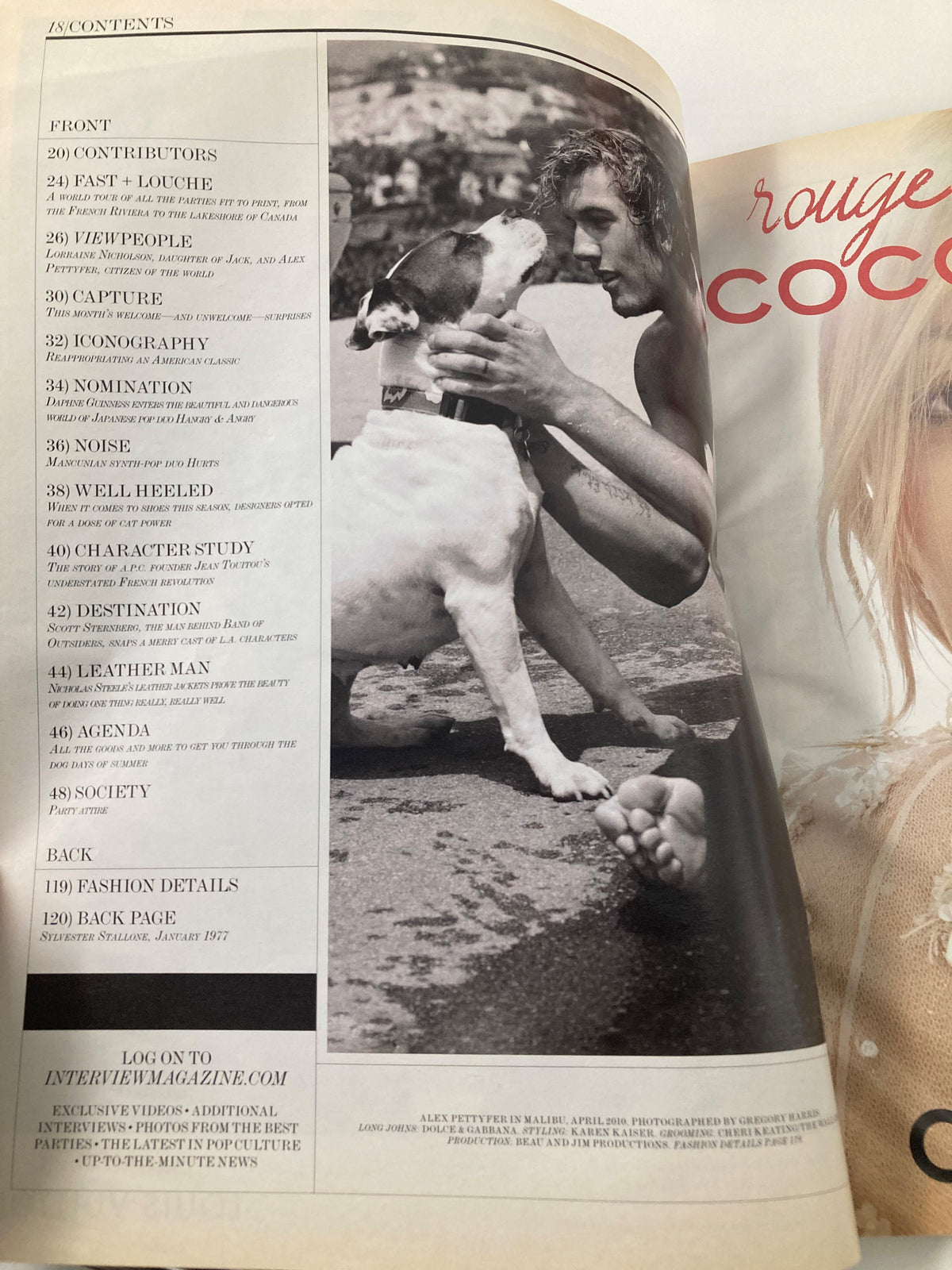 Contents page of the August 2010 Interview Magazine, detailing the issue's features, including contributions and photography, enhancing its appeal for collectors.
