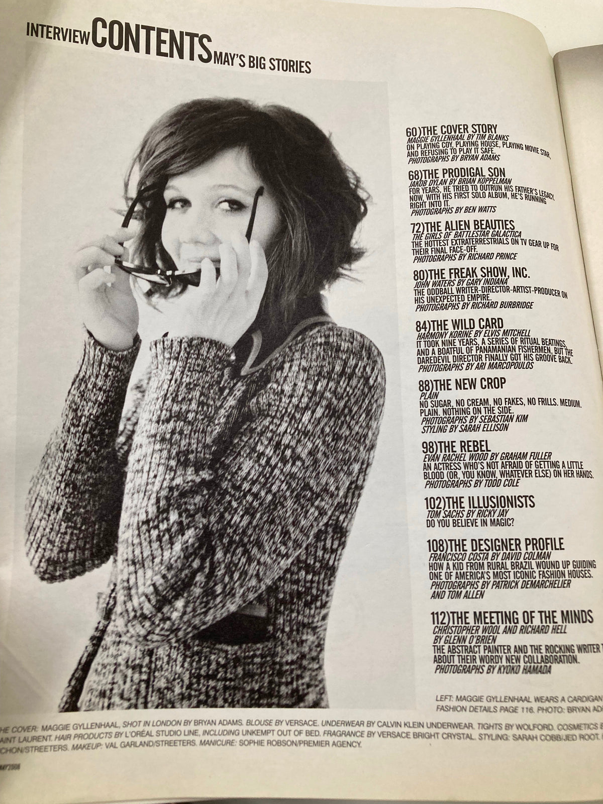 Contents page of Interview Magazine May 2008 showcasing featured stories and interviews including Maggie Gyllenhaal, along with details about the magazine's contributors and highlights.