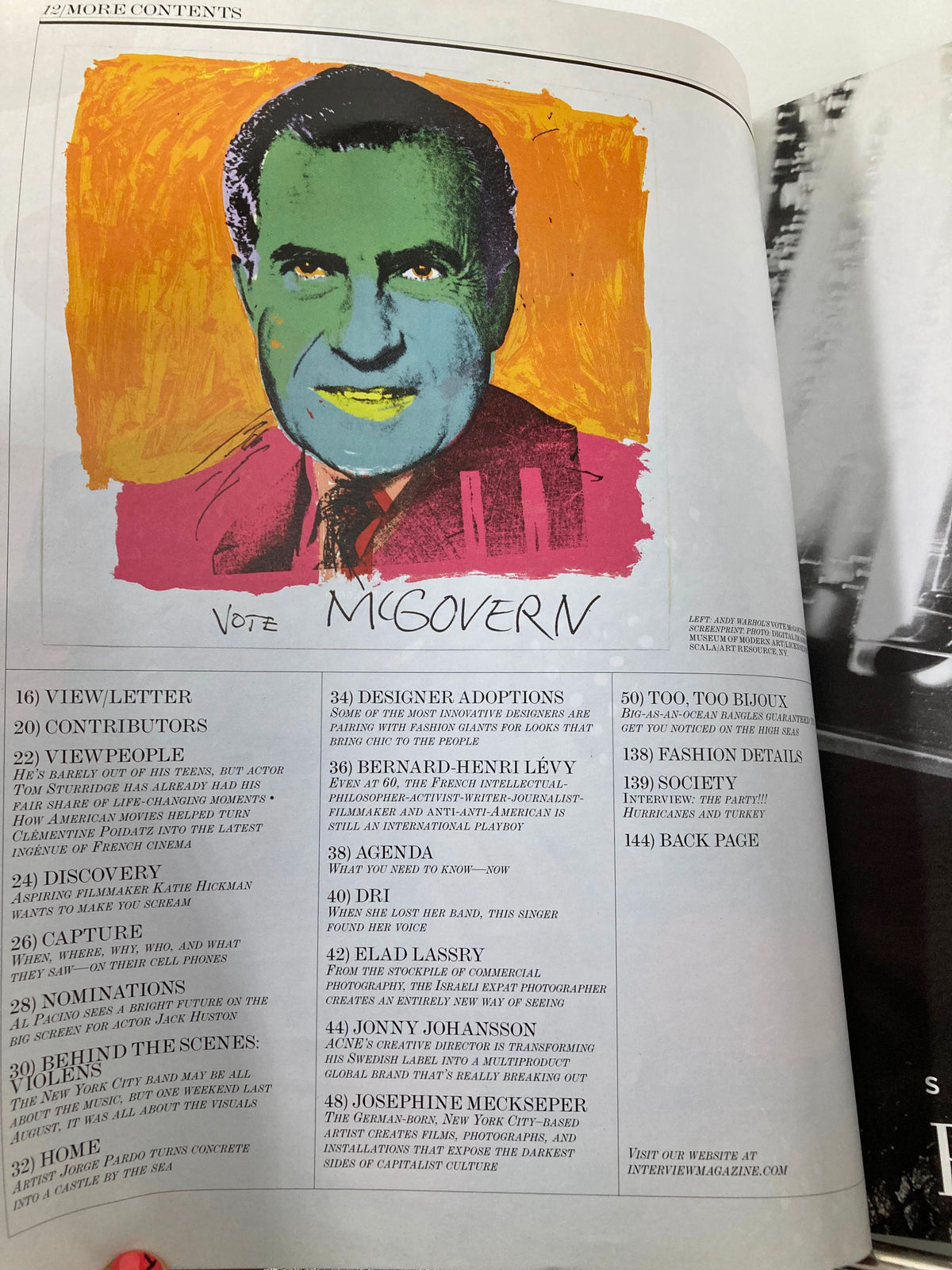 Inside page of Interview Magazine November 2008 with colorful artwork featuring Richard Nixon and the text 'VOTE MCGOVERN', emphasizing the political theme of the issue.
