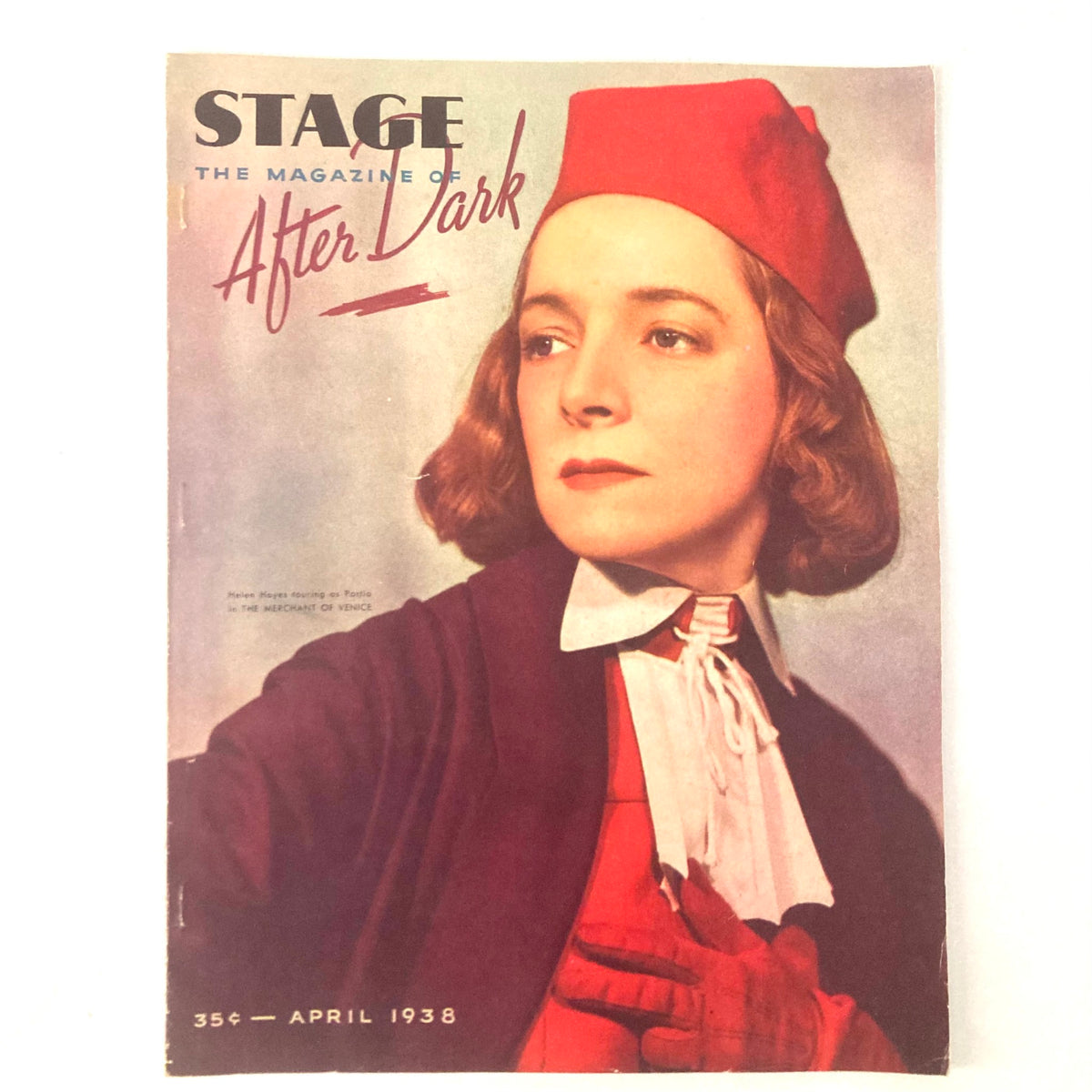 VTG Stage Magazine April 1938 featuring Helen Hayes as Portia in The Merchant of Venice, showcasing a vintage theatrical cover design.