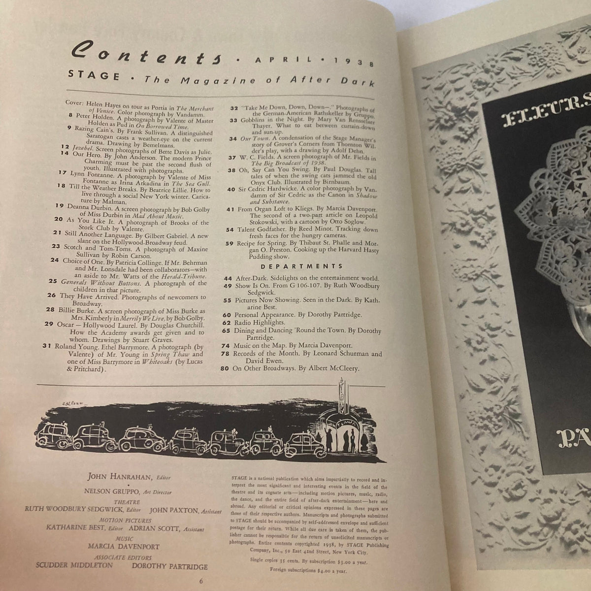 Table of Contents from VTG Stage Magazine April 1938, detailing featured articles and photographs related to theatre including Helen Hayes.