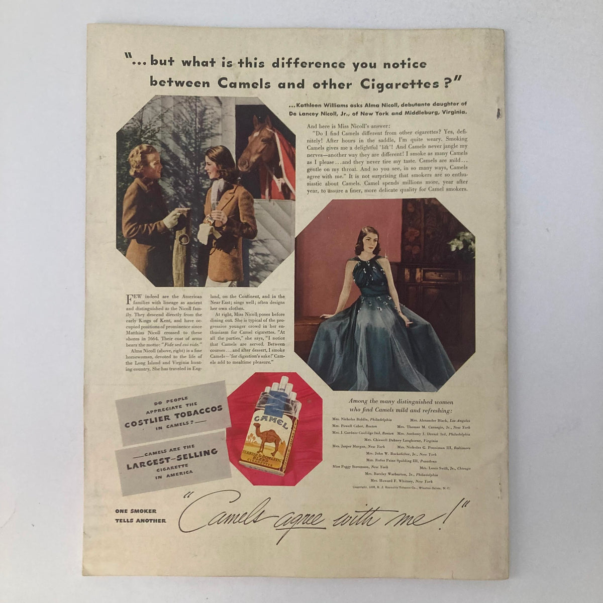 Back cover advertisement from VTG Stage Magazine April 1938, promoting Camel cigarettes with elegant vintage graphics and a stylish model.