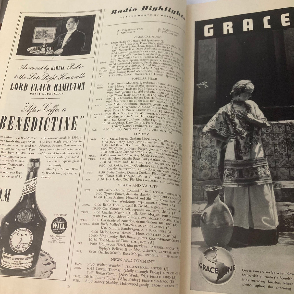 Interior page of VTG Stage Magazine October 1937 showcasing radio highlights and an advertisement for Benedictine, featuring an elegant image of a gentleman. The page reflects the vintage aesthetic of the 1930s entertainment culture.