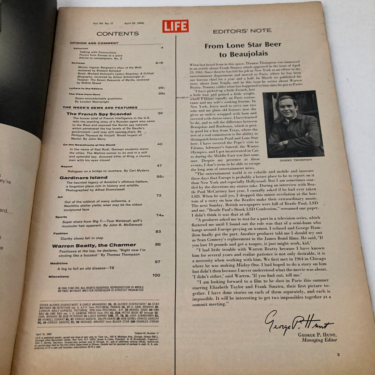 Contents page of VTG Life Magazine, April 26, 1968, Vol 64 No. 17, highlighting featured articles including 'The French Spy Scandal'.