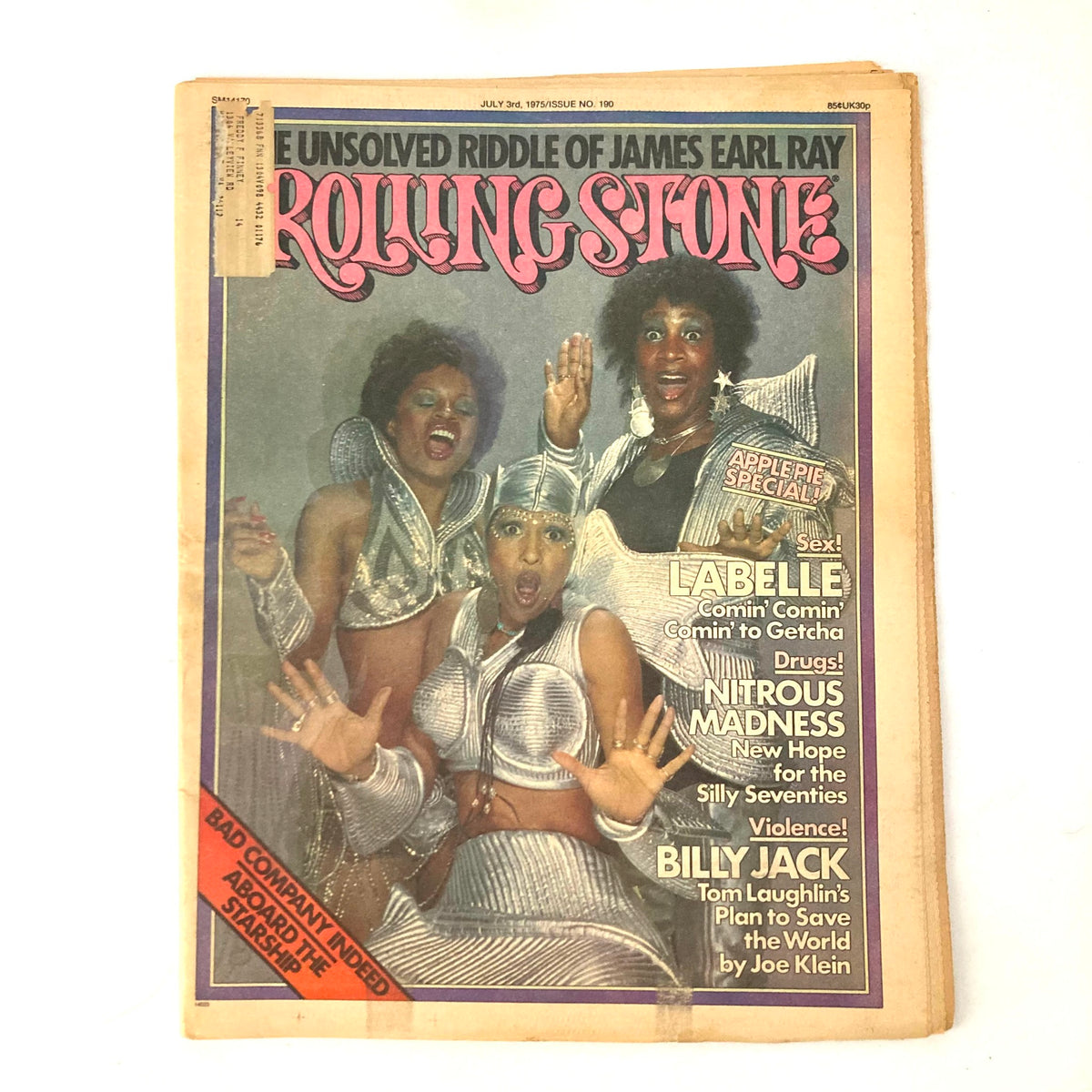 Vintage Rolling Stone Magazine cover from July 3, 1975, Issue #190 featuring Labelle performing 'Comin' to Getcha', highlighting the vibrant culture of the 1970s.